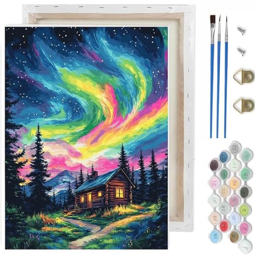 Aurora Paint by Numbers Kit for Adults Beginner,Wooden House Adult Paint by Number Kits on Canvas with Frame,Night Sky DIY Acrylic Oil Painting by Numbers Kits for Home Wall Decor 9.5x11.8 inch - color: paint by number-aurora-1203