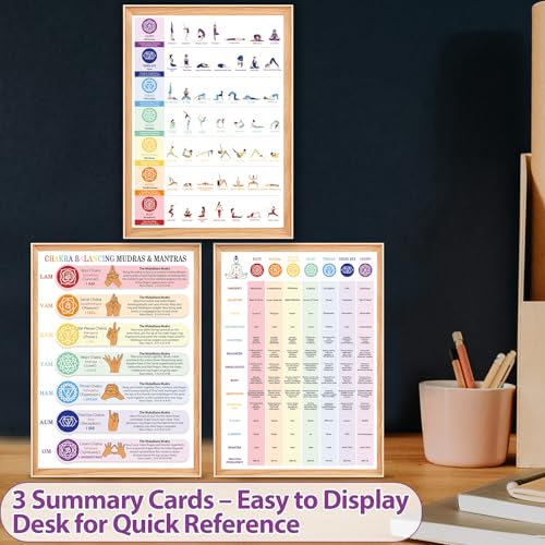10 Pcs Chakra Cards Quick Reference Guide for Chakra Healing with Meditation Yoga Poses, Crystals, Essential Oils, Affirmations Summary Spiritual Day Gift for Her Him, Beginner Friendly