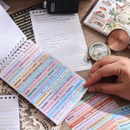 3000+ Pcs Word Stickers for Journaling, 50 Sheets Gold Foil Art Scrapbook Quote Stickers for Junk Journal, Scrapbooking Supplies Small Talk DIY Decorative Gift for Women Teen Girls - style: Quote Style 2