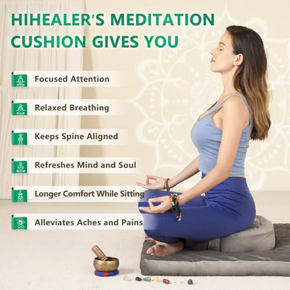 Hihealer Meditation Cushion, Traditional Tibetan Velvet Meditation Pillow | Buckwheat Yoga Bolster, Large Floor Cushion & Pillow for Adults, Zafu Zabuton Set, Zen Meditation Mat - color: Calmly Grey & White