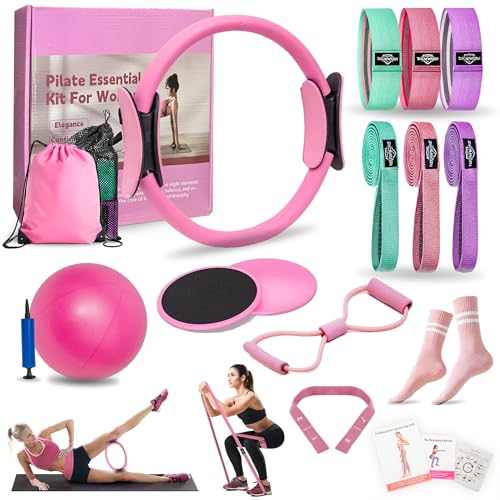 DICYWUDI Pilates Essentials Kit for Home Women, Pilates Equipment for Workouts, 6 Fabric Resistance Bands, 12 Inch Magic Circle Yoga Ring, Mini Exercise Ball, Great Exercise Equipment - color: 13pcs Pink set