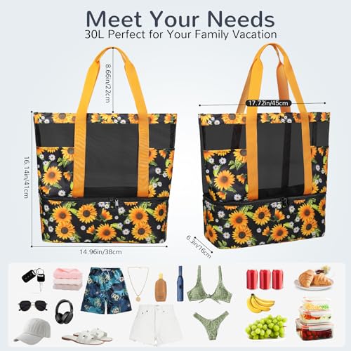 Mesh Tote Beach Bag with Leakproof Wet Compartment - color: Sunflower