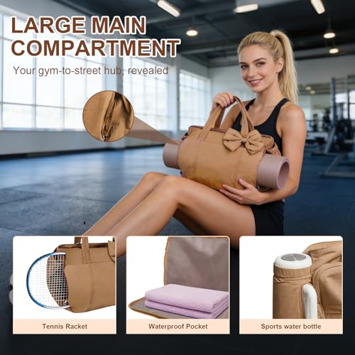 Gosect Women’s Crush Bow Puffer Tote Bag, Water Resistant Laptop Travel Yoga Work Bag - color: Brown