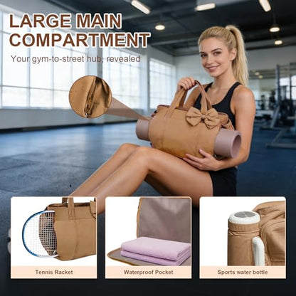 Gosect Women’s Crush Bow Puffer Tote Bag, Water Resistant Laptop Travel Yoga Work Bag - color: Brown