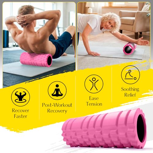 Foam Roller 13" Multi Density Fitness Exercise for Muscle Recovery | Massage Roller for Deep Tissue, Relieves Tight, Sore Muscles & Kinks, Improves Mobility & Circulation, Targets Key Body Parts - color: Pink