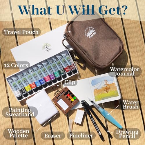 Funto Travel Watercolor Paint Set, All-in-One Premium Walnut Wood 8-Grid Mini Watercolor Travel Kit with 12-Color Refills, Crossbody Bag, Water Brush, Drawing Pencil & Sketchbook, ideal for Quick Sketching, Beginners & Art Lovers - color: 8-Wood