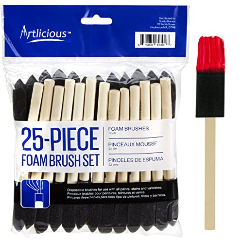 Artlicious 1 Inch Foam Brushes Wood Handle Paint Brush Set (Value Pack of 25) - Lightweight, Durable and Great for Acrylics, Stains, Varnishes, Art & Crafts - size: 1 Inch - 25 Pack