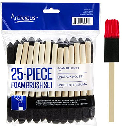 Artlicious 1 Inch Foam Brushes Wood Handle Paint Brush Set (Value Pack of 25) - Lightweight, Durable and Great for Acrylics, Stains, Varnishes, Art & Crafts - size: 1 Inch - 25 Pack