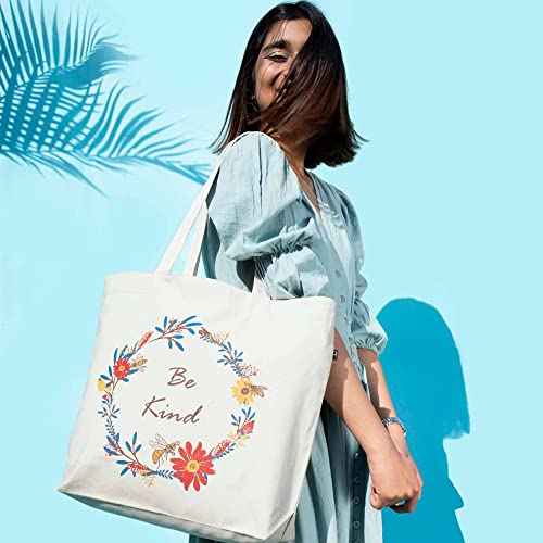 Ecoright Aesthetic Canvas Tote Bag for Women Large Zipper Tote Bags with Pocket, Womens Tote Bag for Yoga, Work, Beach - color: Be Kind(natural)