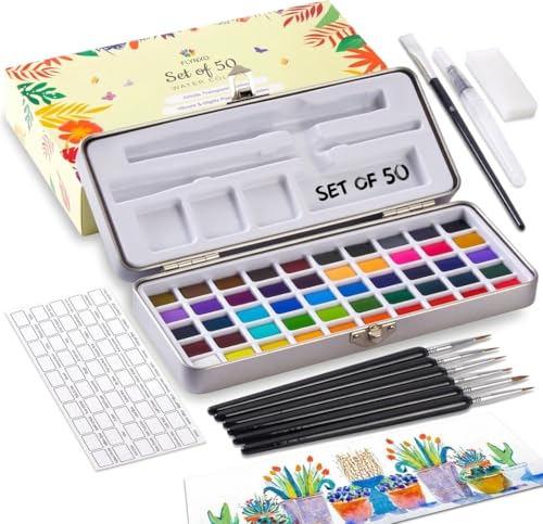 Professional Watercolor Paint Set - 50 Colors Metal Case Kit | Includes 6 detail brushes, water brush pen, nylon brush, sponge, swatch sheet, and supplies for adults, artists & students - style: Set of 50 colors