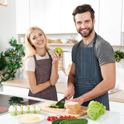 2 Pack Waterproof Kitchen Apron, Striped Bib Apron with 2 Pockets | Lightweight Polyester, Ideal for Cooking, Baking, BBQ, Dishwashing, Gardening, Cafe Work - color: Dark Blue Vertical Stripe/Brown Plaid