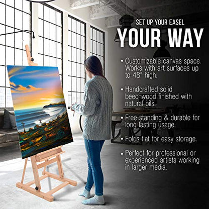 U.S. Art Supply Medium Wooden Studio H Frame Easel with Storage Tray | Adjustable to 96" High, Holds Canvas up to 48" - Beechwood Artist Easel for Painting, Art Display Stand, Portraits