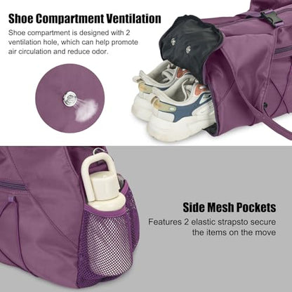 Forestfish Gym Bag For Women With Yoga Mat Holder, Purple | Shoe Compartment, Wet Dry Storage Pocket, Removable Shoulder Strap, Lightweight & Water Resistant - color: Purple