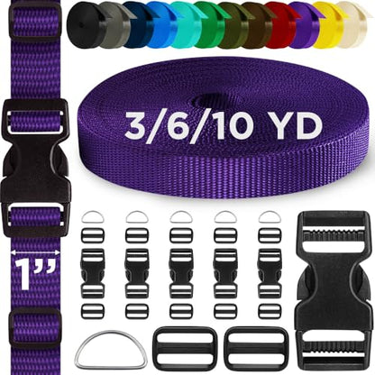 TECEUM 1" Nylon Strap Kit with Buckles, Dark Purple 6 yards Repair Set | Heavy duty hardware kit: 6yd webbing, 6 quick release buckles, 12 tri-glide slide clips, 6 metal D-rings for crafting. - color: Dark Purple, size: 1" - 6 yards, style: 6 Buckle - 12