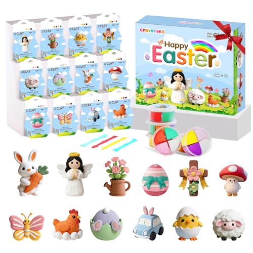 Easter Air Dry Clay for Kids,12 Boxes Modeling Magic Clay Kit with Sculpting Tools Tutorials, Safe & Non-Sticky DIY Craft Kit for Easter Basket Stuffers Gifts - color: Clay Easter Kit