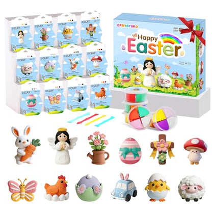 Easter Air Dry Clay for Kids,12 Boxes Modeling Magic Clay Kit with Sculpting Tools Tutorials, Safe & Non-Sticky DIY Craft Kit for Easter Basket Stuffers Gifts - color: Clay Easter Kit