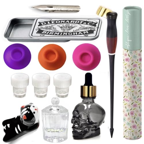Oblique Calligraphy Pen Set Moon Palace Sumi Ink: Copperplate Pen, Glass Inkwell, Dip Pen Ink Well, Nikko G Nib, Pen Rest, Nib Tin Organizer (Oblique Pen Set w/Black Cat Rest) - style: Oblique Pen Set w/ Black Cat Rest