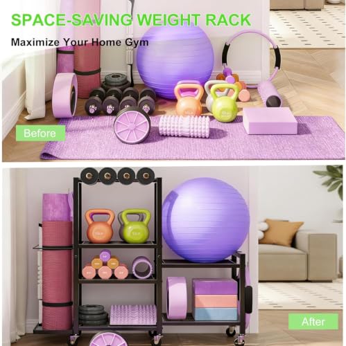 6-Tier Multi-Functional Home Gym Storage Rack with Wheels and Hooks, Adjustable Weight Rack for Dumbbells Kettlebells Yoga Mat and Balls, Space Saving Workout Equipment Storage Organizer