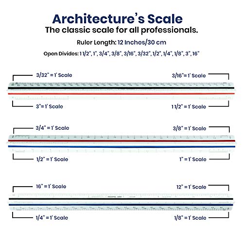 Pacific Arc Architect Triangle Scale Ruler 12 Inch with Acid Etched Markings Openly Divided by 3/32, 3/16, 1/8, 1/4, 3/8, 1/2, 3/4, 1, 1H, and 3 Inch to The Foot