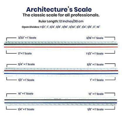 Pacific Arc Architect Triangle Scale Ruler 12 Inch with Acid Etched Markings Openly Divided by 3/32, 3/16, 1/8, 1/4, 3/8, 1/2, 3/4, 1, 1H, and 3 Inch to The Foot