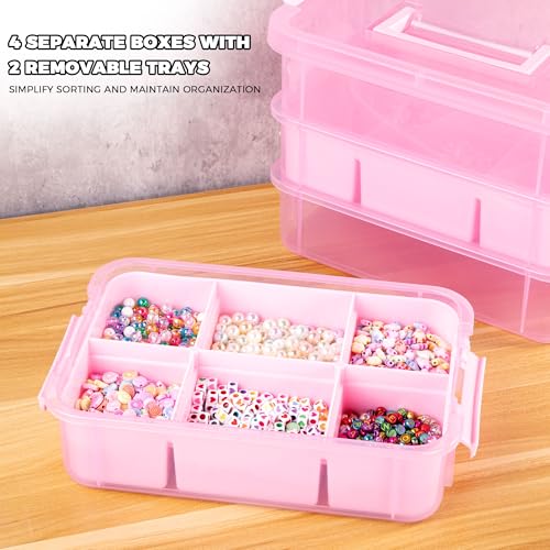CraftGenes Art Supply Storage Organizer, 4-Tier 10 Qt Box, 2 Trays, Pink | Clear Compartments; Dual Removable Inserts; Carry Handle; Side Latches; Markers, Crayons, Brushes, Jewelry, Accessories - color: Pink