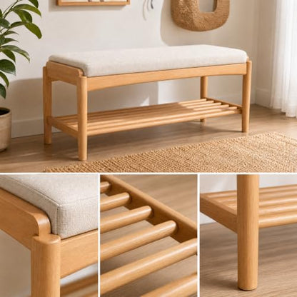 Solid Wood Shoe Bench, 40 Inch Entryway Bench with Light Gray Cushion - color: Natural + Light Gray Cushion, size: 39.37"