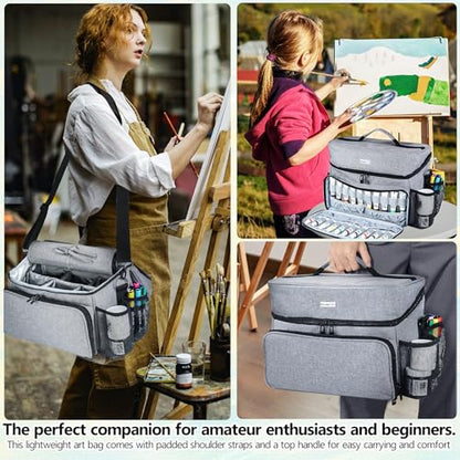 Acrylic Paint and Brush Set Organizer Bag - Carrying Case Compatible with Apple Barrel, Shuttle Art, Caliart Art Supplies - Includes Detachable Paint Brush Holder - for Travel/Outdoor Sketching (Gray) - color: Gray