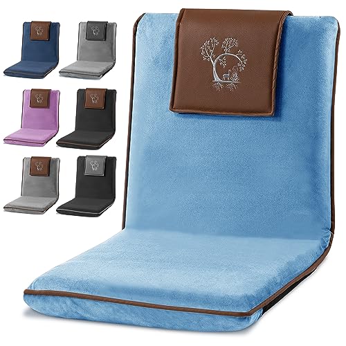 Adjustable Japanese Floor Chair with Back Support for Adults | Premium Meditation Chair for Seating, Yoga & Gaming -Folding Backjack Floor Chair with 6 Recline Positions, Thick Padding & Vegan Leather - color: Sky Blue Brown, style: Square