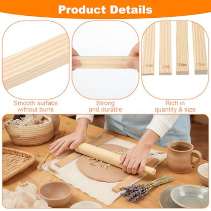 12 Pcs Pottery Tools Kit with Wooden Rolling Pin, 5-Size Rolling Mud Sticks, Linen Tablecloth for Ceramic Clay Art DIY Craft Supplies Sculpting and Teaching