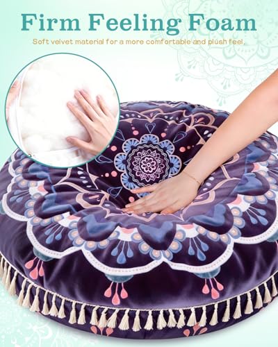 Hihealer Meditation Cushion, Large Velvet Floor Pillow for Yoga, Meditation | Round Memory Foam Bolster Pillow, 36" Mandala Boho Cushion, Supportive & Ergonomic - color: Purple