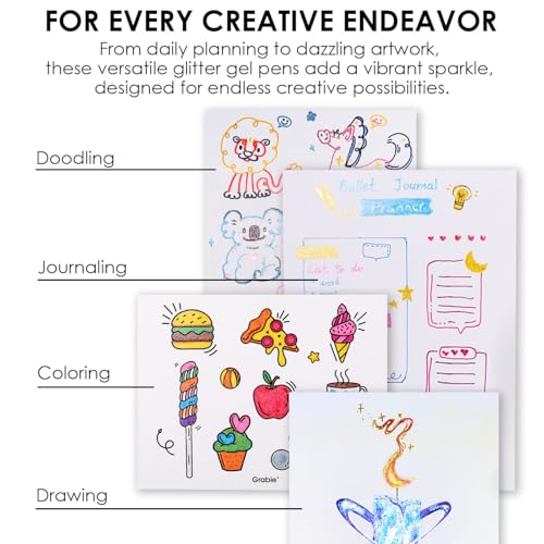 Grabie 18 Color Glitter Gel Pens, Retractable Sparkle Art Pens | Retractable Design, Smooth Gel Ink, Sparkling Finish, Acid Free Ink, Quick Drying, Coloring Books, Journaling, Drawing - color: 18 Colors Retractable Glitter Gel Ink Pens