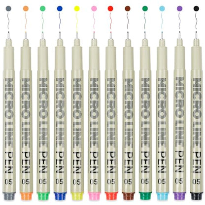 12 Colored Micro Pens 05, Fineliner pens Waterproof Archival Ink Micro Pen Set, Drawing Art Pens for Illustrating, Journaling, Bible Zentangle Supplies