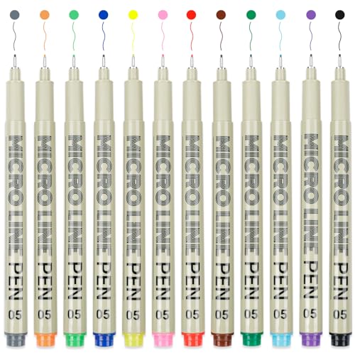 12 Colored Micro Pens 05, Fineliner pens Waterproof Archival Ink Micro Pen Set, Drawing Art Pens for Illustrating, Journaling, Bible Zentangle Supplies