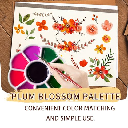5" Porcelain Watercolor Palette - Plum Blossom Ceramic Artist Paint Palette with Mixing Tray for Painting and Craft Projects - color: Small White