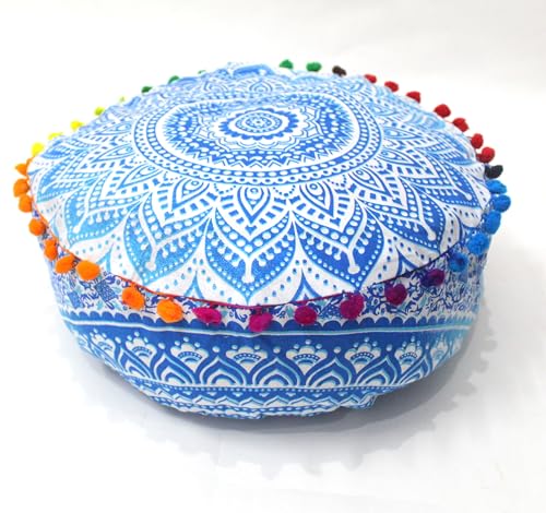 INDIAN CRAFT CASTLE ICC Mandala Barmeri Large Floor Pillow Cover Cushion Meditation Seating Ottoman Throw Cover Hippie Decorative Zipped Bohemian Pouf Ottoman Cases Blue Ombre 16" Round - color: Blue and White, size: 16"D x 16"W x 5"H