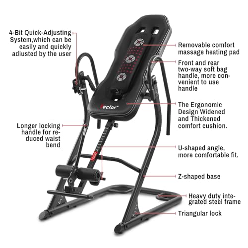 Teclor Inversion Table,Advanced Heat and Massage Function,Strength Training Inversion Table for Back Pain Relief,350 lbs Capacity with Thickened 3D Memory Foam backrest,Black