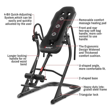 Teclor Inversion Table,Advanced Heat and Massage Function,Strength Training Inversion Table for Back Pain Relief,350 lbs Capacity with Thickened 3D Memory Foam backrest,Black