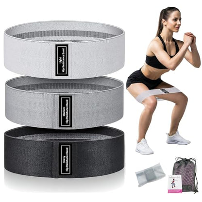 Fabric Resistance Bands for Working Out, 3 Levels Non-Slip Booty Bands for Glutes and Legs, Cloth Exercise Bands Sets with Carry Bag & Workout Guide, Light/Medium/Heavy (Light Grey/Grey/Black)
