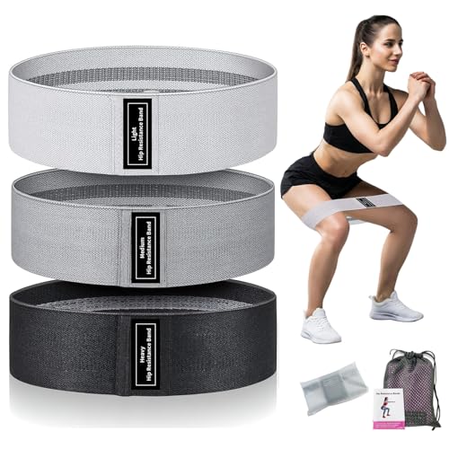 Fabric Resistance Bands for Working Out, 3 Levels Non-Slip Booty Bands for Glutes and Legs, Cloth Exercise Bands Sets with Carry Bag & Workout Guide, Light/Medium/Heavy (Light Grey/Grey/Black)
