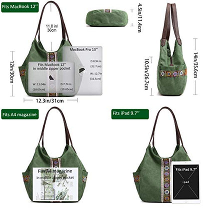 Worldlyda Women Canvas Hobo Purse Multi Pocket Tote Shopper Shoulder Bag Casual Top Handle handbag with Embroidery Ethnic - color: Army Green 1