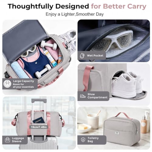 FIORETTO Women's Gym Duffle Bag with Shoes Compartment, 30L Capacity, Ideal for Travel, Gym, Sports, Duffel, Weekender - color: Grey & Pink, style: Gym Bag With Toiletry Bag