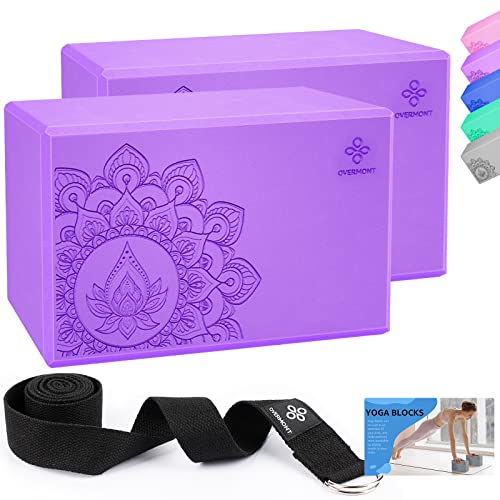 Overmont Yoga Block 2 Pack Supportive Latex-Free EVA Foam Soft Non-Slip Surface for General Fitness Pilates Stretching and Meditation 9"x6"x3" Yoga Strap Included - color: Purple