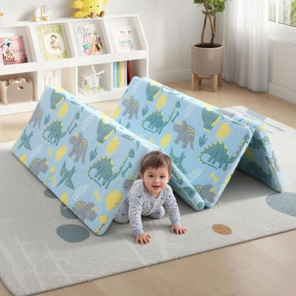 MeMoreCool Kids Floor Mattress, 48x72 Inch Foldable Play Mat, Blue Dino | Blue dinosaur 4x6 ft foam tatami futon mat - color: Blue Dinosaur