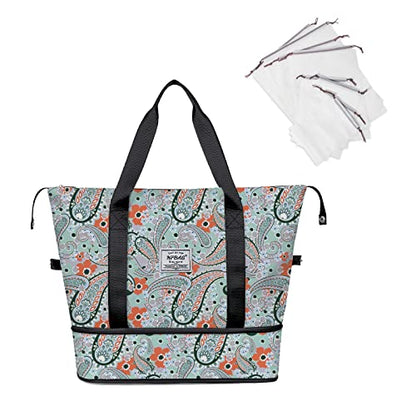 NPBAG Women Travel Duffel, Multi Functional Large Expandable Weekender Carry-on Tote, Gym Workout Overnight Bag, Mommy Hospital Bag for Labor and Delivery - color: Basic-Green Paisley, style: Basic Version
