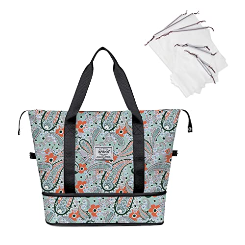 NPBAG Women Travel Duffel, Multi Functional Large Expandable Weekender Carry-on Tote, Gym Workout Overnight Bag, Mommy Hospital Bag for Labor and Delivery - color: Basic-Green Paisley, style: Basic Version