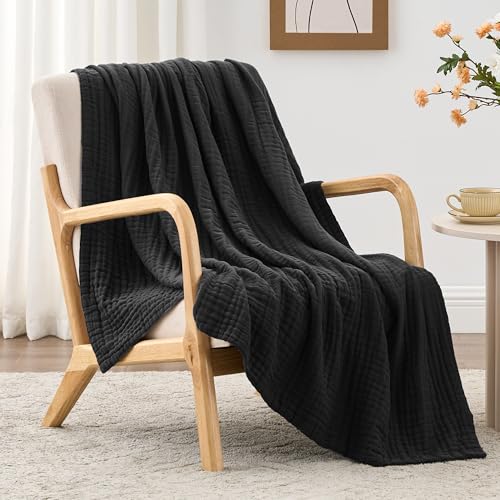 Love's cabin 100% Cotton Muslin Blanket, 6 Layer Lightweight Breathable Gauze Large Throw Blanket 50 x 70 Inches, Soft Cooling All Season Blanket for Couch or Sofa, Black - color: Black, size: Large Throw(50"x70")
