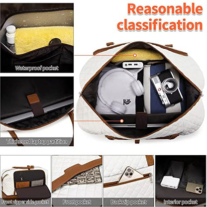 Weekender Bag, Large Travel Duffel Bag for Women, Carry on Overnight Bag with Shoe Compartment and Toiletry Bags - color: White-Brown