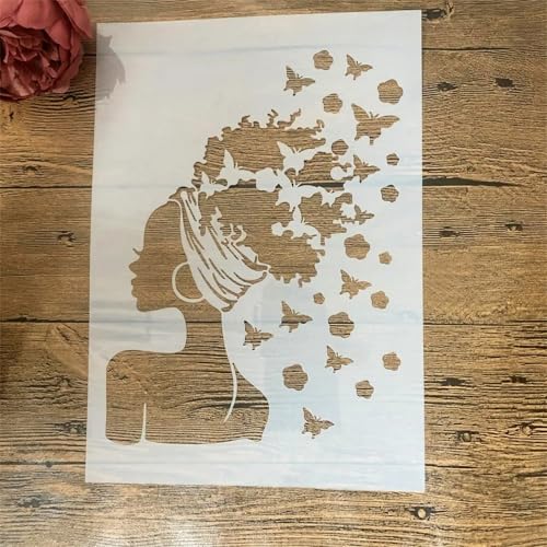 TIAMECH A4 Reusable Butterflies Hairstyle Girl Stencil for Painting | Fashion Earring Lady Layering Template, DIY Wall Art, Wood Furniture, Scrapbook & Crafts (8.3x11.7inch) - style: Butterflies Hairstyle Girl