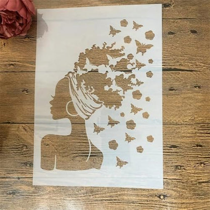 TIAMECH A4 Reusable Butterflies Hairstyle Girl Stencil for Painting | Fashion Earring Lady Layering Template, DIY Wall Art, Wood Furniture, Scrapbook & Crafts (8.3x11.7inch) - style: Butterflies Hairstyle Girl