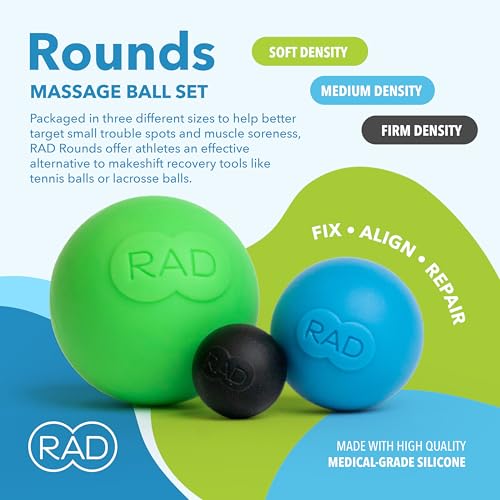 RAD 라운드 – 깊은 조직 근막 이완을 위한 3가지 밀도 요가 마사지 볼 세트 - 발, 등, 목, 턱 및 팔뚝용 테라피 볼 - 유발점 및 이동성 테라피 (3팩)